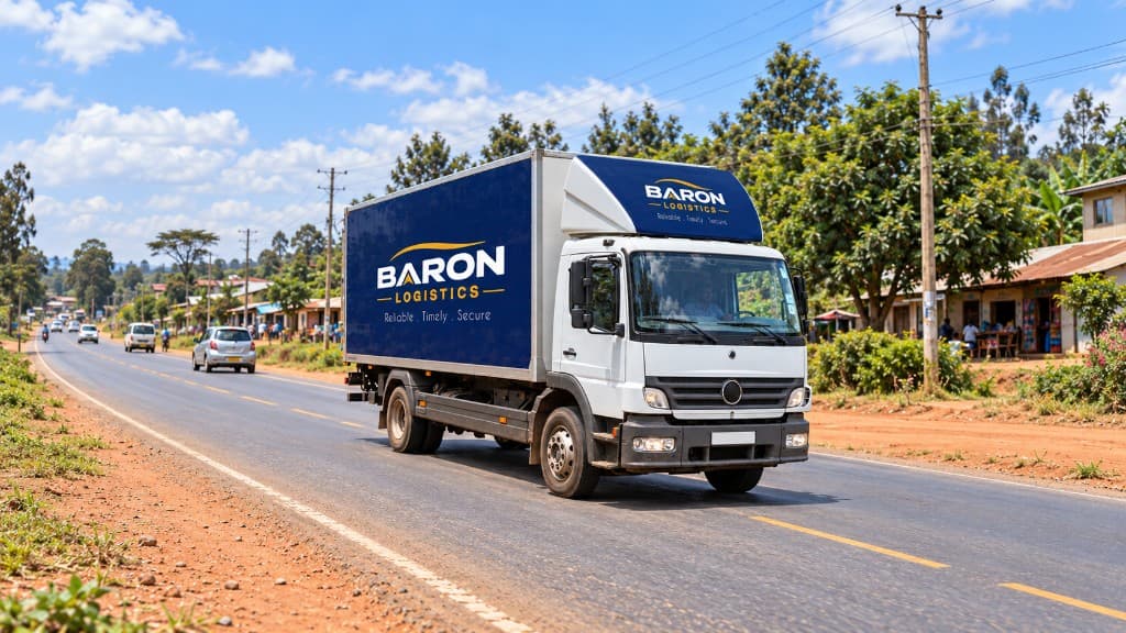 A Baron Logistics delivery truck on the road.